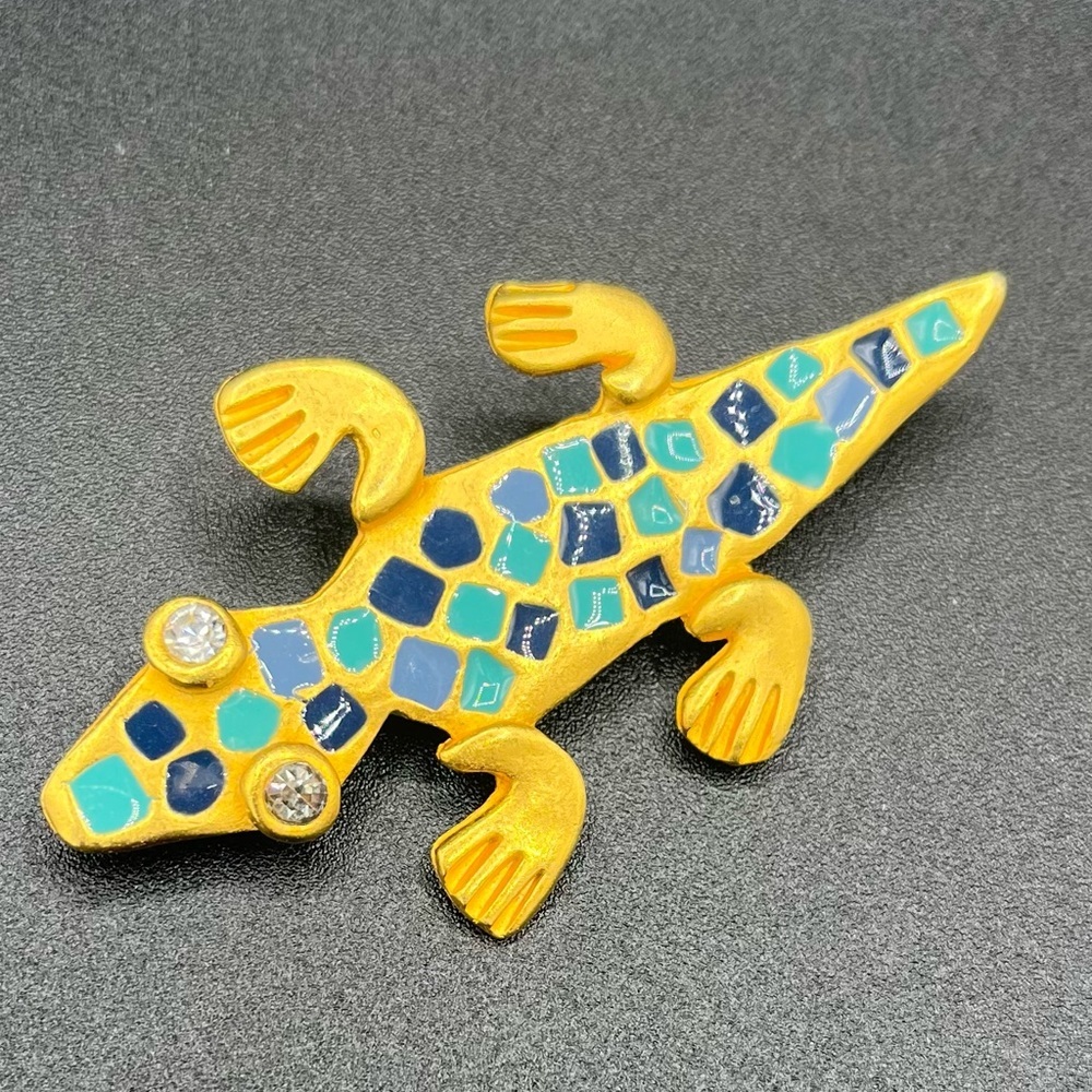 Vintage Lizard Gecko Brooch Mosaic Square Stones Gold Toned 3” EUC